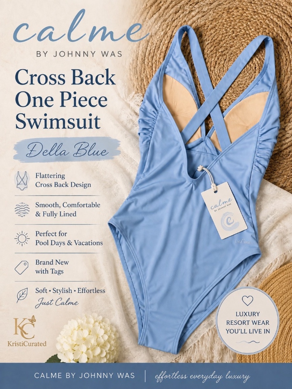 Johnny Was Calme Cross Back One Piece Swimsuit Della Blue NWT L